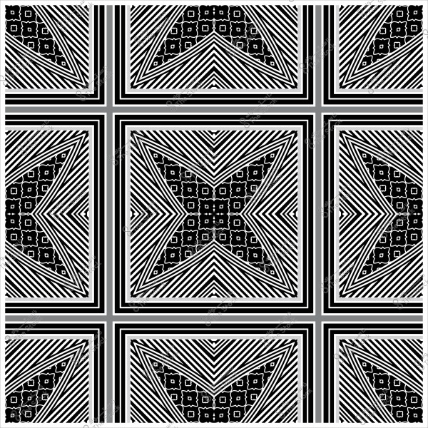 نمط هندسي باللونين الأبيض والأسود يتضمن خطوطًا مائلة ونمطًا زهريًا نجميًا داخل مربعات.