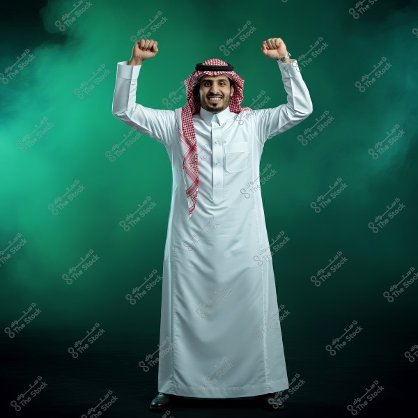 Image of a man wearing a white thobe and a red and white shemagh, standing with a smile and raising his hands in the air in a celebratory gesture. The dark green background highlights him distinctly. He appears to be wearing traditional Saudi attire.