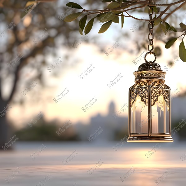 A decorative lantern hanging from a tree branch, featuring intricate geometric details and made of metal and glass. The background shows a blurred natural setting with a sunset, providing a warm glow to the scene.