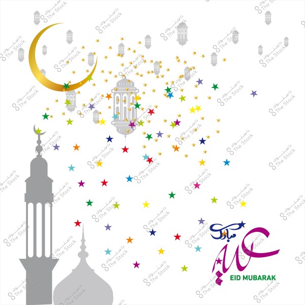 Eid al-Fitr design with crescent moon, lanterns, colorful stars, and the text \"Eid Mubarak\".