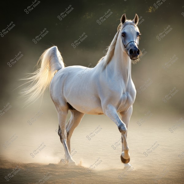 Image of a purebred Arabian horse with a white coat, galloping on a sandy track. The sun illuminates the horse\'s mane and long tail, giving it a majestic appearance. The background consists of soft shadows adding depth to the image.