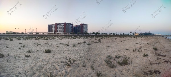 The image shows a wide sandy beach extending into the horizon, with sparse plants scattered on the sand. In the background, there are multi-story residential buildings in various colors, including gray and dark red. Streetlights are scattered along the road running parallel to the beach, and palm trees are visible on either side. The horizon features a calm sky at sunset.