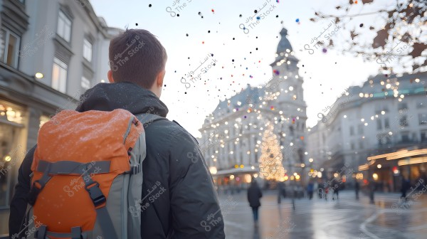 The image shows a person from behind walking in a city street decorated lavishly with Christmas ornaments, featuring a brightly lit Christmas tree in the background and foot traffic in the public square. The person is carrying an orange backpack and wearing a dark coat. The surrounding buildings add a classic touch to the scene, and the wet ground suggests winter weather.