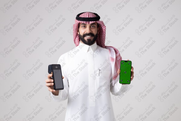 Portrait of a Saudi man holding an ATM and a phone and making different expressions