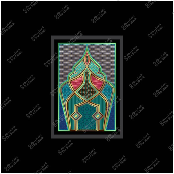 An ornate geometric design with vibrant colors and intricate Islamic patterns, featuring shades of gold, green, pink, and blue.