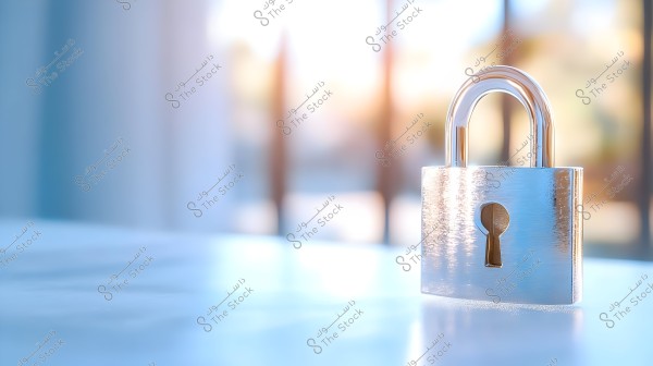 An image of a silver padlock placed on a smooth surface with a blurred background. The padlock reflects sunlight, adding a shiny effect. The sun can be seen in the background, giving the image a warm tone.