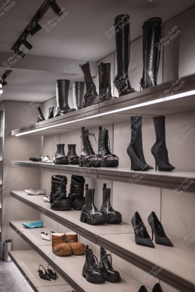 رفوف في متجر أحذية تحتوي على مجموعة متنوعة من الأحذية والجزمة السوداء الأنيقة.
