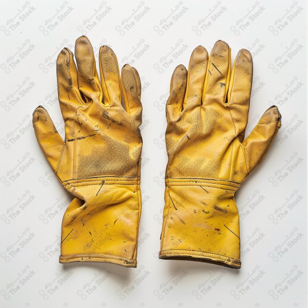 Pair of used yellow work gloves on a white background, showing signs of wear and tear, suitable for construction, gardening, and industrial use