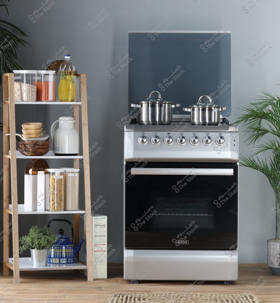 The image shows a modern kitchen with a silver oven featuring two metallic pots on the stove. To the left, there is a shelf with transparent storage containers containing food items like grains and pasta. There is also a blue kettle and plant decoration. The background includes a wooden floor and some green plants.