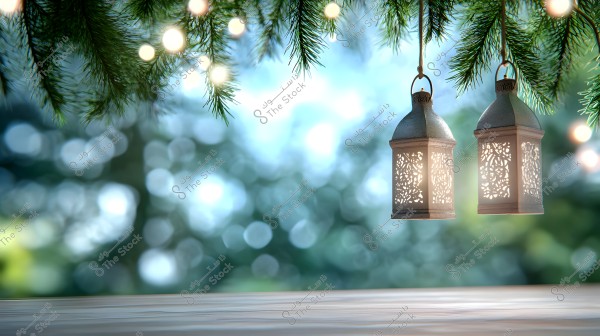 A scene of traditional lantern lamps hanging among pine tree branches adorned with small lights. The blurred green and blue background adds to the tranquil and bright atmosphere of the image. The wooden surface at the bottom enhances the composition’s beauty.