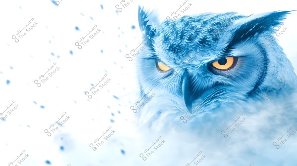 An image of an owl in light blue hues, appearing focused with sharp eyes, against a misty white background featuring floating droplets and detailed feather textures of the owl.