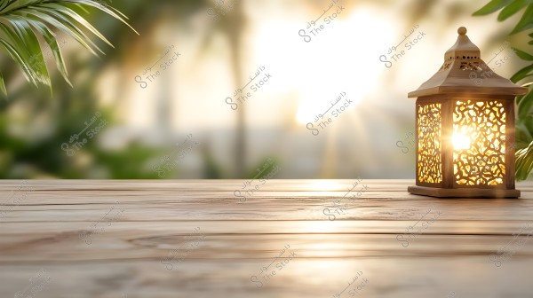 An image of an outdoor wooden table featuring an illuminated decorative lantern. The lantern is crafted in a traditional style with intricate patterns, set among green foliage and palm leaves. The background is blurred, suggesting a sunset, as warm light shines through the patterns.