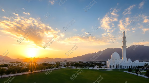 Image of a large mosque with a white dome and tall minaret in the foreground. The area surrounding the mosque is spacious and green with neatly arranged trees. Mountains appear in the background under a blue sky with scattered clouds. The sunset illuminates the scene, casting a beautiful orange glow across the horizon.