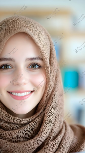 صورة بورتريه لامرأة ترتدي حجاباً بني اللون ومصنوع من قماش ناعم على الرأس والرقبة. تظهر المرأة مبتسمة أمام خلفية غير واضحة تحتوي على ألوان فاتحة.
