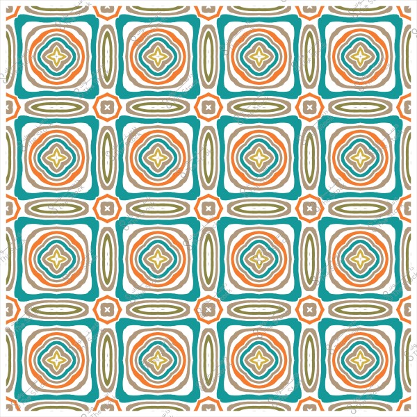 A colorful geometric pattern featuring circular and repeating shapes in orange, green, and light blue, resembling decorative tile design.