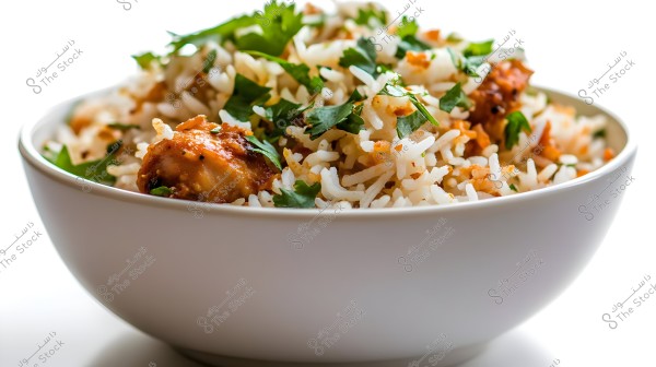 A bowl of rice garnished with cooked meat and pieces of cilantro. The rice is harmoniously balanced with other ingredients, arranged beautifully in a white bowl.