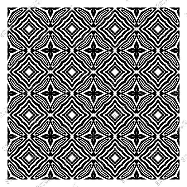 A black and white decorative pattern consisting of repeated and wavy geometric shapes.