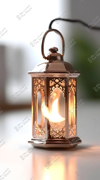 A lantern with an ornate metal design, featuring traditional patterns, illuminated with a soft glow from inside. It rests on a reflective surface, with a blurred background to emphasize the lantern.