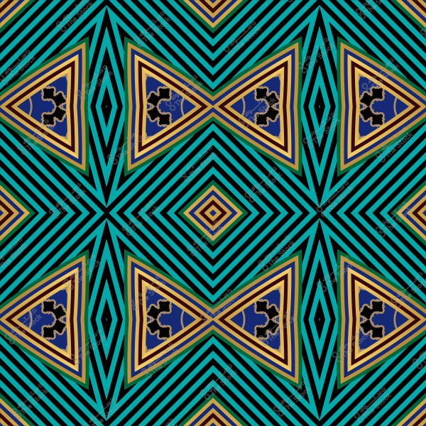 تصميم هندسي ملون بنمط مثلثات ومربعات متداخلة بألوان زرقاء وذهبية وسوداء.