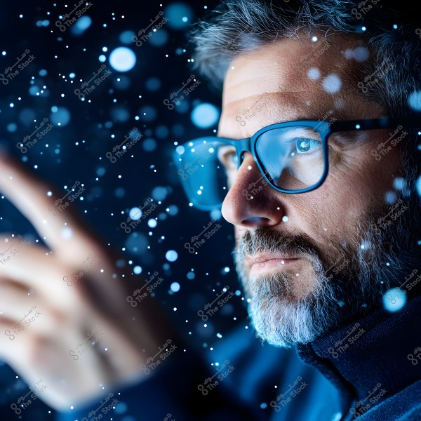 ** Image of a man shown in profile, wearing glasses and a jacket, looking at illuminated particles in the background. The image has a fantasy theme with blue light effects.\r\n\r\n**