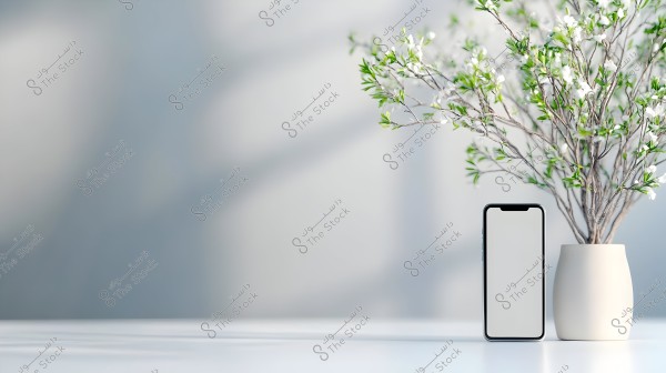An image of a smartphone with a blank screen next to a white vase containing small flowers and green leaves. The surface is white and the background is a blurred light gray.