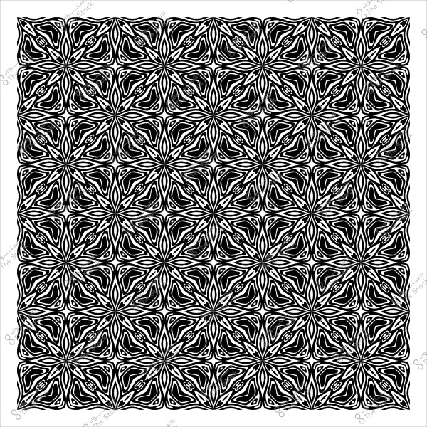 A symmetrical decorative pattern in black and white with interlocking geometric designs.