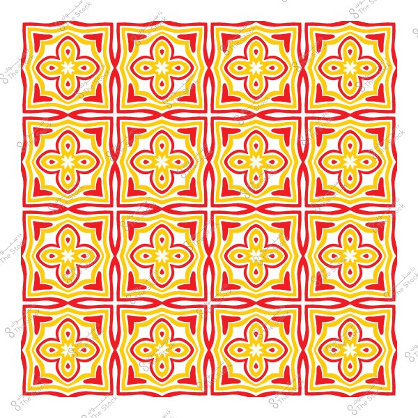 Decorative pattern consisting of repeated tiles in orange and red with geometric design and floral motifs.