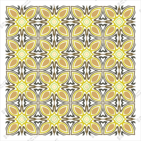 Decorative pattern with interlocking geometric shapes in golden and brown colors.