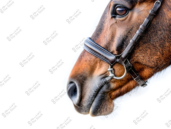 Image of a brown horse\'s head, seen from the right side on a white background. The horse is fitted with a brown bridle, with clear details of its skin and large eye.