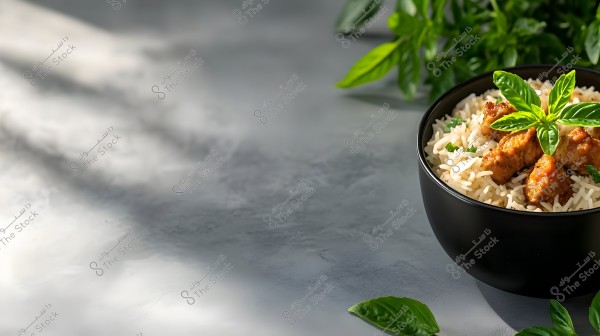 An image of a black bowl filled with cooked white rice and pieces of grilled chicken, garnished with fresh green basil leaves. In the background, green plants and scattered basil leaves are visible on a gray surface.
