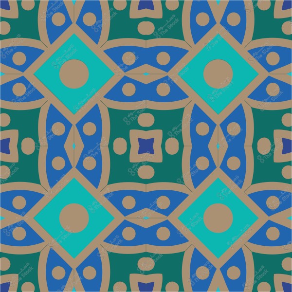 تصميم هندسي متقاطع بألوان الأزرق, الأخضر, والبني مع نقوش دائرية ومربعات.