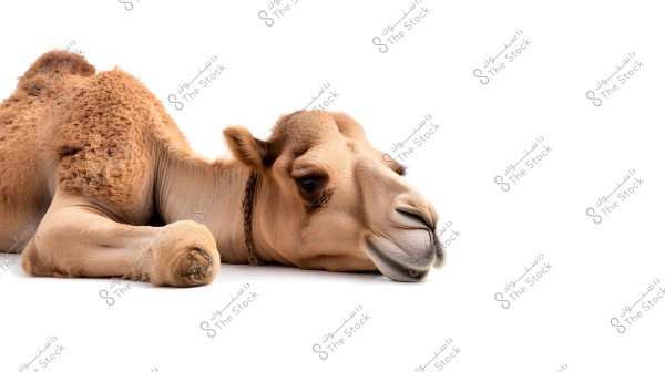 A camel lying on the ground against a white background. The camel has a light brown, curly-haired body and a large, rounded head. It appears to be in a relaxed position with its legs tucked beneath its body.