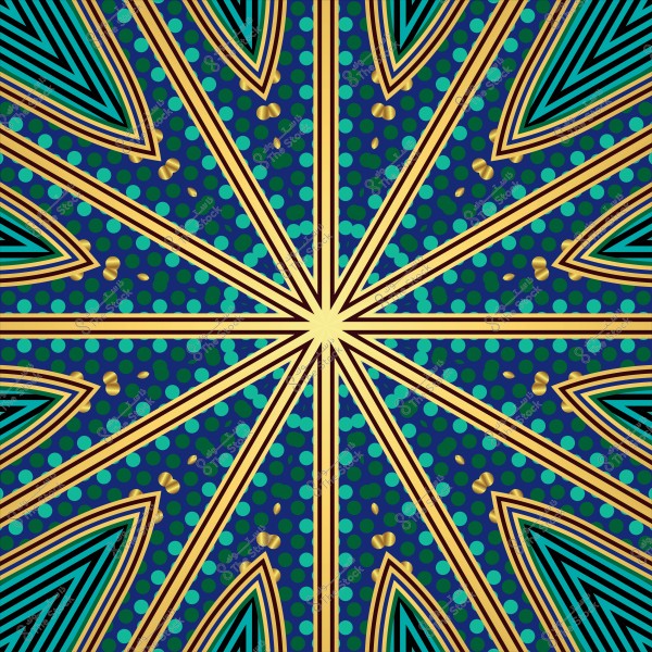 Geometric decorative pattern in blue with golden accents and intersecting lines like rays.