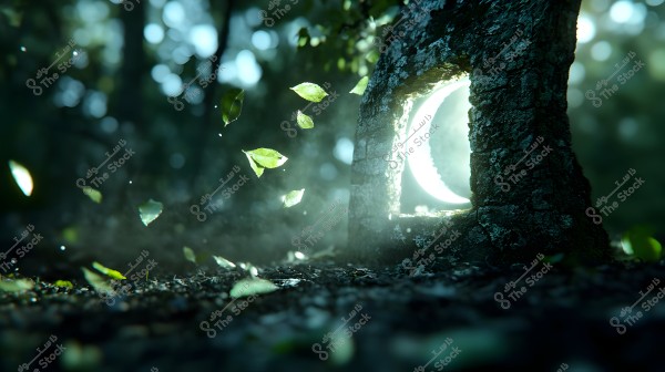 The image depicts a dark forest background with a small window in an old tree trunk, emitting a soft light that illuminates the surrounding space. Numerous green leaves are floating through the air, creating a magical and tranquil atmosphere.