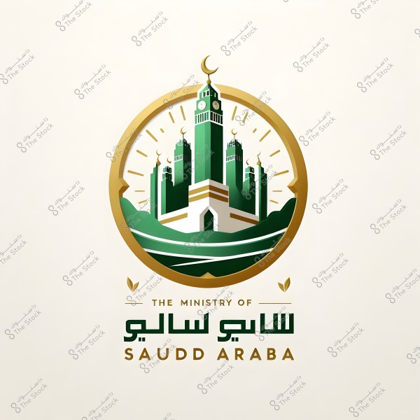 A logo featuring a stylized image of a famous Makkan building, surrounded by a golden circular frame. The building has multiple green towers adorned with a golden crescent on top. Below, there are texts in both Arabic and English, which read \"Ministry of Saudi.\" The background is white, and the text is in green and gold.