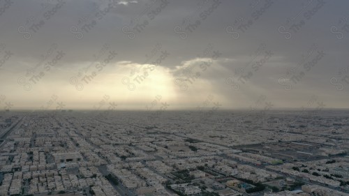 An aerial view of the capital, Riyadh, showing cloudy sky during the day, the towers in the city of Riyadh