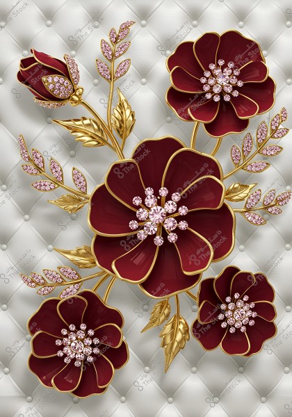An image featuring large, prominent burgundy flowers adorned with pink crystals, surrounded by shiny golden leaves. The background is a quilted white texture with raised studs.