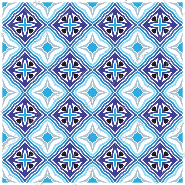 Decorative pattern with geometric shapes in blue and white, repeated symmetrically.