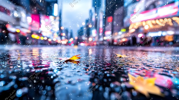 Image of a city street at night after the rain. The ground is covered with glistening raindrops, and some yellow leaves are scattered on the wet surface. In the background, the city lights glow in multiple colors like red and white, creating a blurry and dreamy atmosphere.