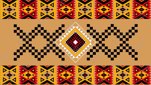 تصميم يحتوي على نمط تقليدي هندسي معقد بألوان متعددة, منها الأسود, الأحمر, الأصفر, والبيج. يتميز النمط بأشكال مثلثة ومتكررة تتجمع لتكوين أشكال ماسية وسط النسيج, محاطة بخطوط متوازية. الأشكال الزخرفية تخلق تناظراً متوازنًا يعكس ذوقًا ثقافيًا غنياً.