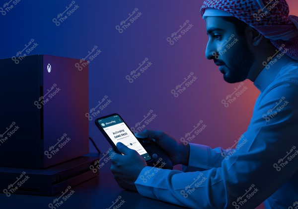 A photo of a man wearing a white thobe and a red ghutra, sitting in a setting with blue and pink lighting. He is holding a smartphone displaying an app interface. Next to him is a modern video game console. The attire suggests he is from the Middle Eastern region.