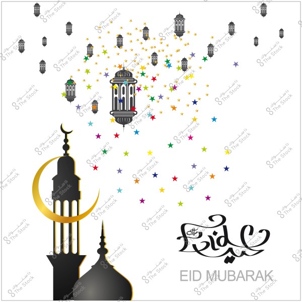 An image featuring Ramadan lanterns with colorful stars, a crescent and minaret background, and the phrase \"Eid Mubarak\" written in Arabic calligraphy.