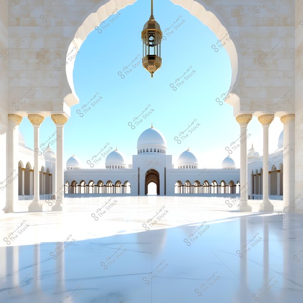 Architectural view of a beautiful mosque shown in the center of the image. The mosque features large white domes and intricately decorated arches with symmetrical geometric designs. The light reflected on the marble floor adds a touch of grandeur. The sky is clear blue, adding tranquility to the scene.