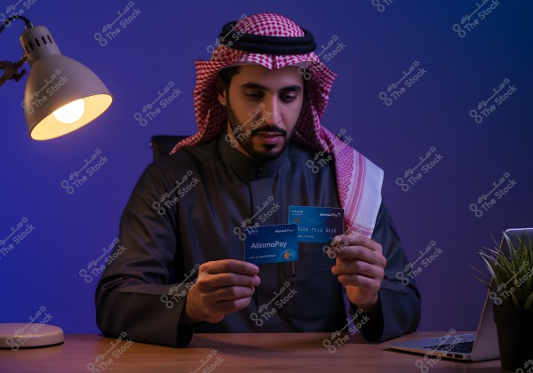 Image of a man sitting at a desk, wearing a traditional Saudi thobe and a red and white ghutra. He is holding two blue payment cards labeled \"AlinmaPay\" while sitting in front of a laptop. The desk is lit by a lamp, and a small plant is placed nearby.