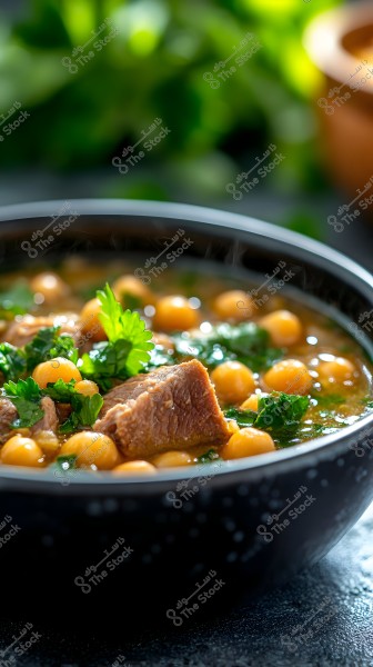 Image of a hot soup dish with pieces of meat, chickpeas, and fresh parsley leaves. The soup is placed in a black bowl on a dark surface with a blurry green background of plants.