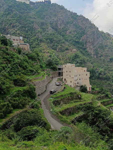 A scenic view of a mountainous village covered with dense greenery. The image shows a narrow winding road passing by concrete houses situated alongside the mountains. Green plants cover a large portion of the mountain, with terraced fields visible on the slopes. The area is surrounded by tall mountains covered with vegetation.