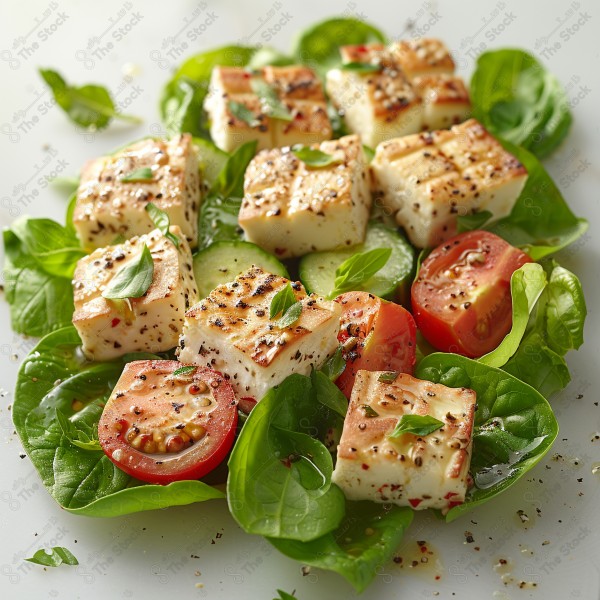 A vibrant array of fresh vegetables including kale, broccoli, and cucumbers, along with a tantalizing salad of grilled paneer cheese, tomatoes, and basil leaves, emphasizing healthy and delicious culinary choices