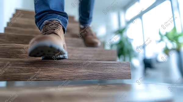 The image shows a person wearing brown shoes and blue jeans walking down a wooden staircase. The focus is on the shoes and steps. The background is blurred, featuring plants and natural light coming through a window.