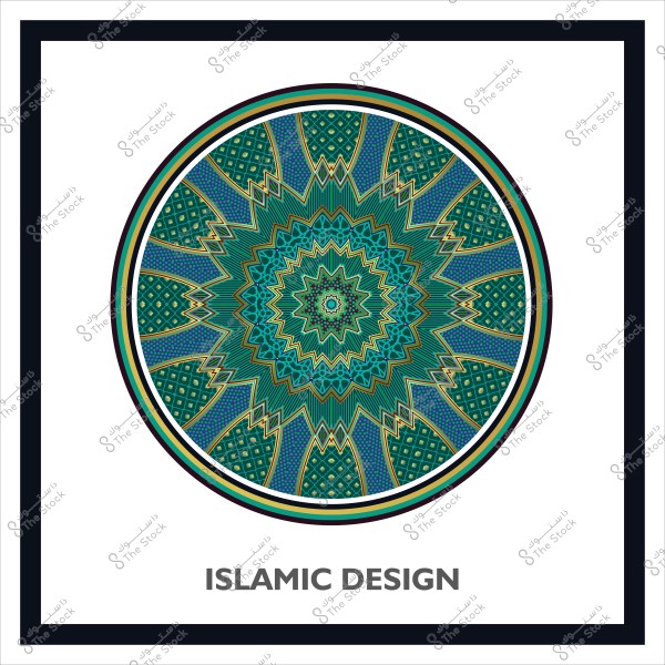 Circular Islamic geometric design with intricate interlocking floral patterns in green and blue colors.