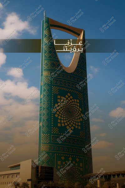A view of the Kingdom Tower in Riyadh, Saudi Arabia, prominently featured in the center of the image. The tower has a distinctive design, with a curved opening at the top and striking blue and gold colors. The sky in the background is clear with a few light clouds.